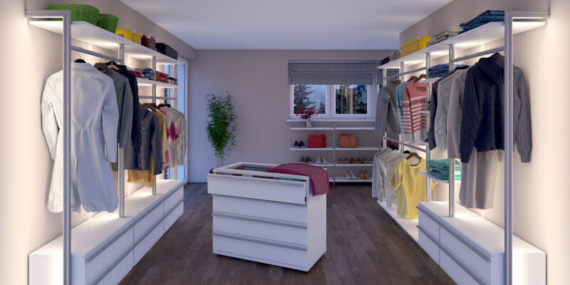 Begehbarer Kleiderschrank "Belgrad" - offenes Schranksystem über 2 Wänden mit vielen Kleiderstangen, Schubladen, Weiß plus halbhohes Regal für Schuhe und Taschen, weiß, individuell anpassbar. 