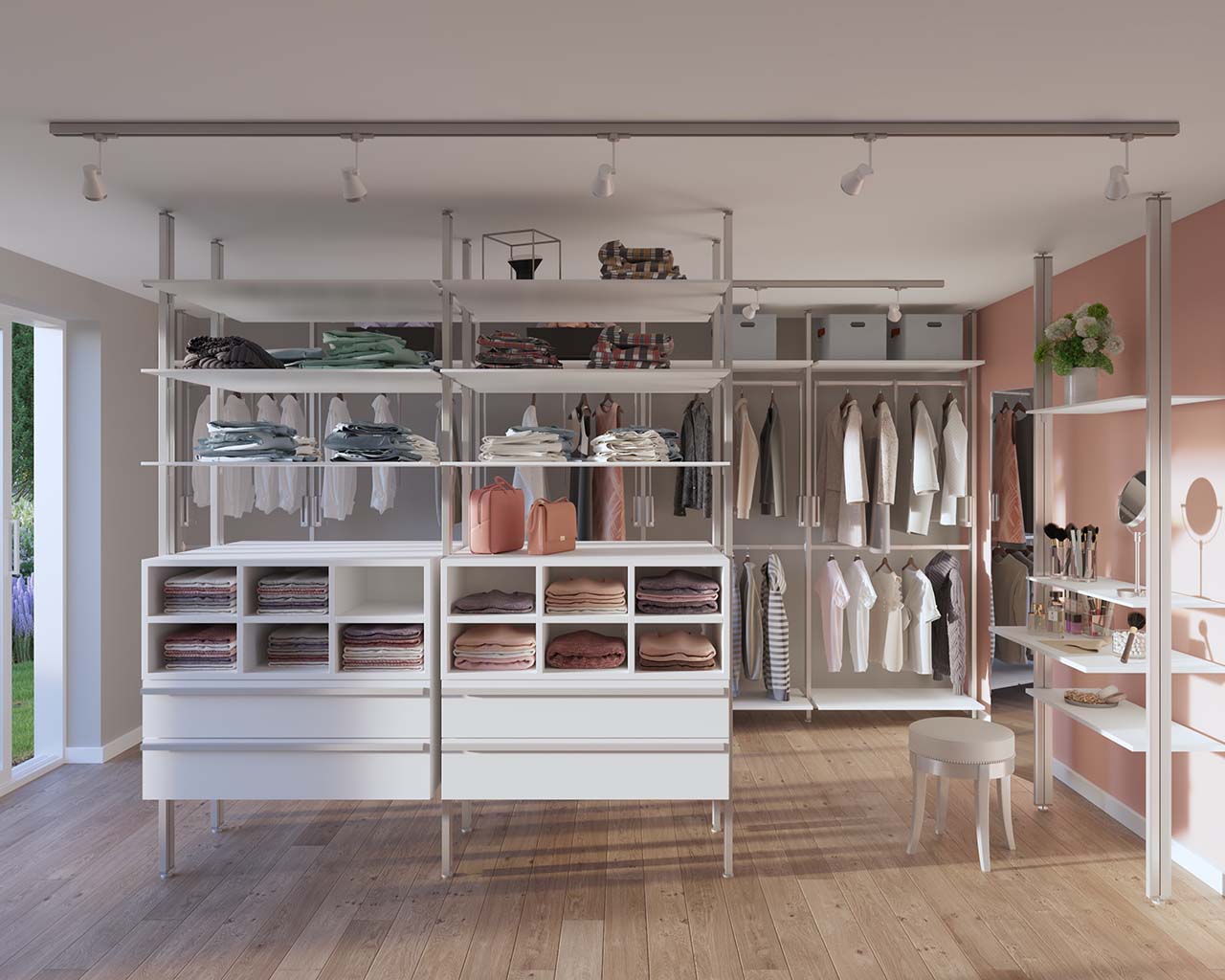Modernes Ankleidezimmer ATHEN PREMIUM mit Raumteiler, Schminktisch und offenem Schranksystem von FRANK Schranksysteme