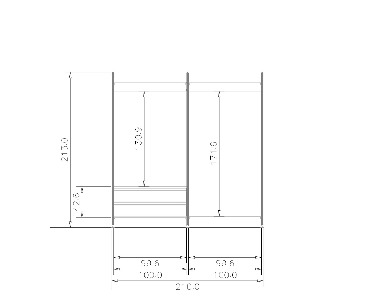 Offener Kleiderschrank STAR Breite 210 cm | 2 Schubladen, Holzböden (ohne LED)