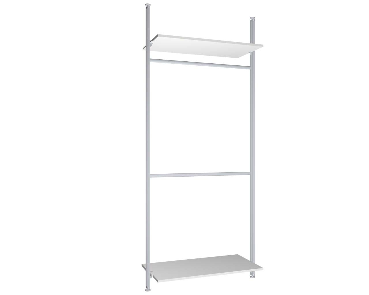 Regalsystem Modul 2 mit 2 Alu-Profilen, 2 Böden und 2 Kleiderstangen zur Montage zwischen Boden und Decke | BxHxT: 107,5 x 295 x 50 cm