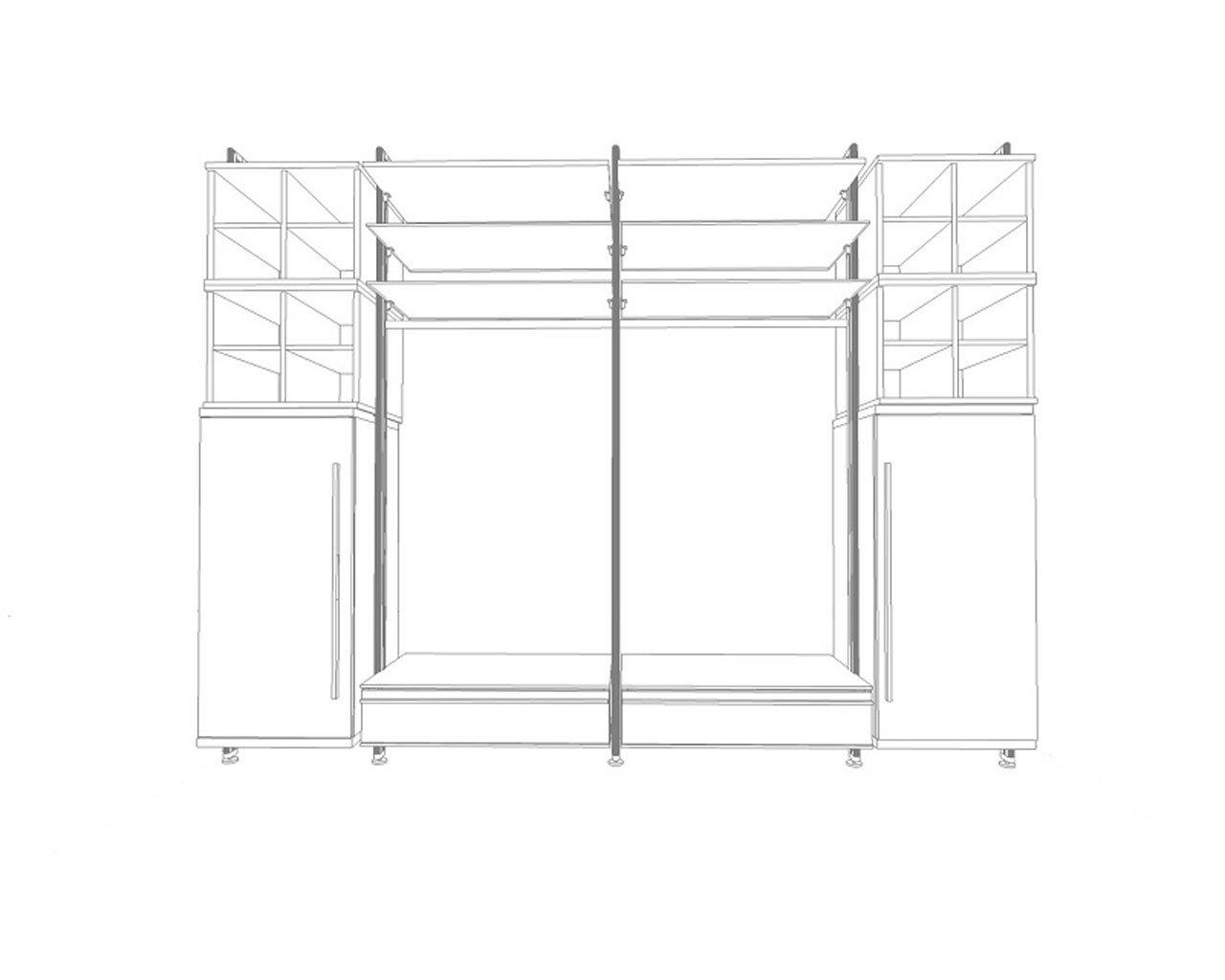 Technische Zeichnung der Garderobe LARA von FRANK Schranksysteme mit offenen Regalfächern, Hochschränken und 2 Schubladen