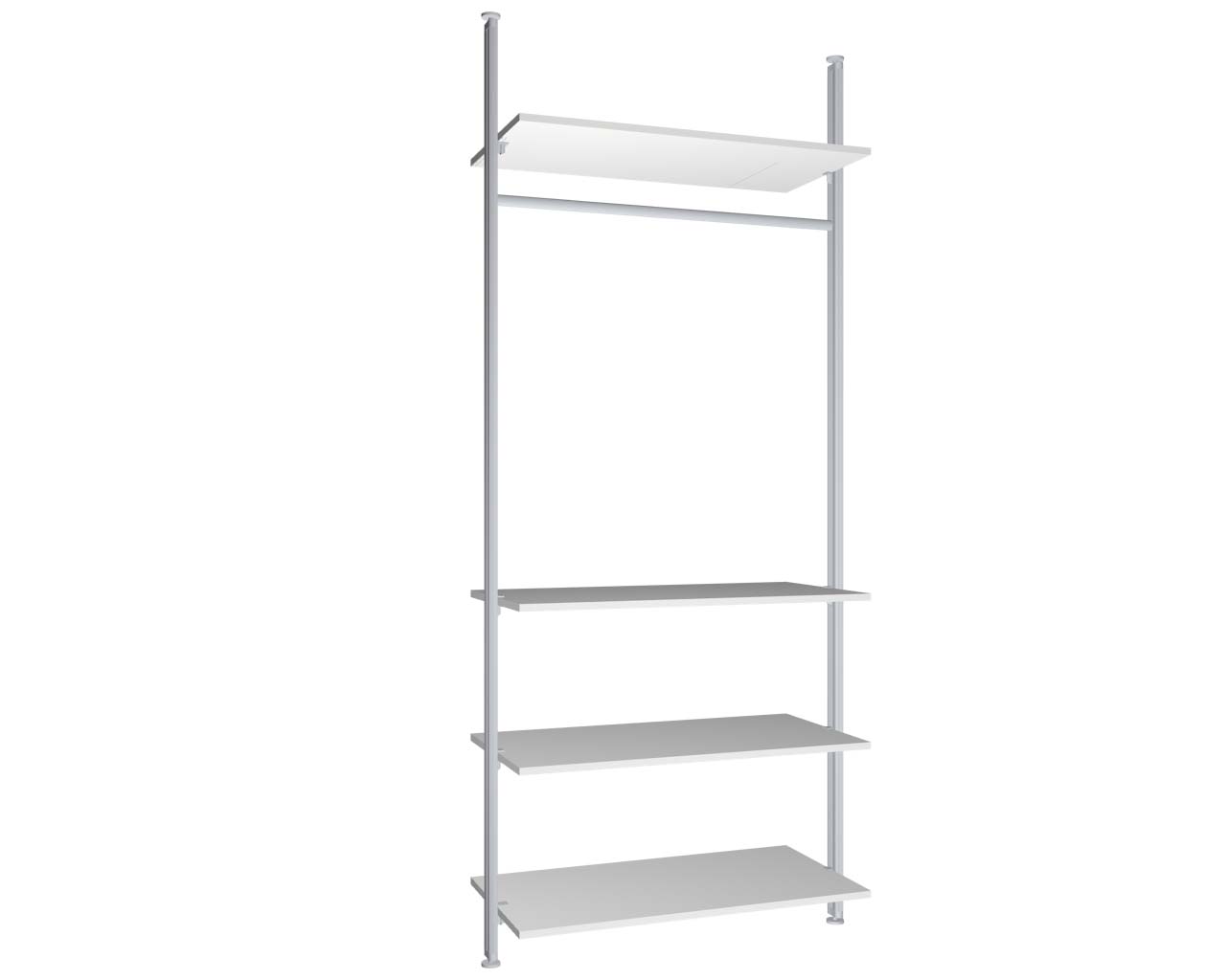 Regalsystem Modul 3 mit 2 Alu-Profilen, 4 Böden und 1 Kleiderstange zur Montage zwischen Boden und Decke | BxHxT: 107,5 x 295 x 50 cm