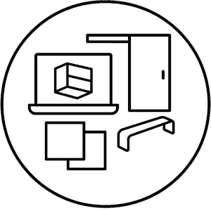 Icon mit Laptop, Farbmuster, Materialprobe und Griff – für die individuelle Gestaltung der Visualisierung