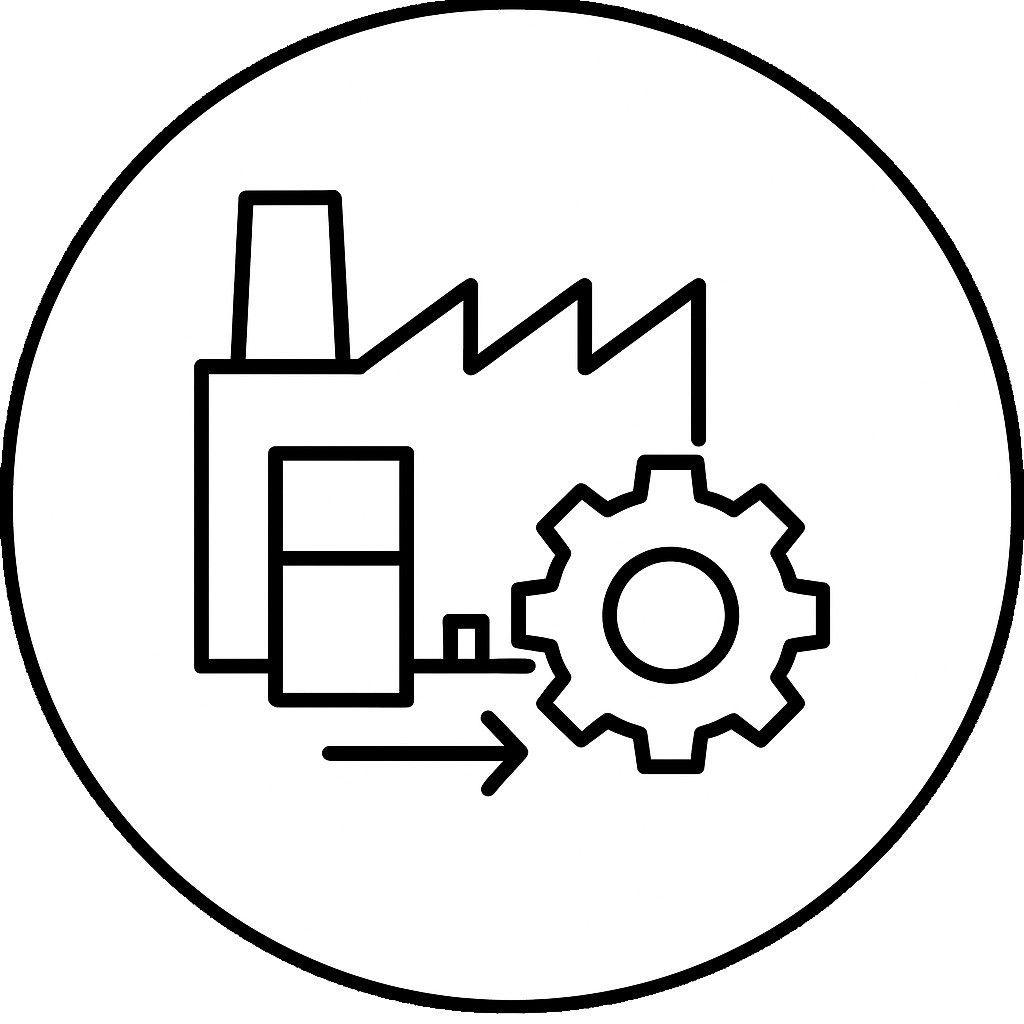 Fabrik mit Zahnrad und Pfeil als Zeichen für individuelle Fertigung