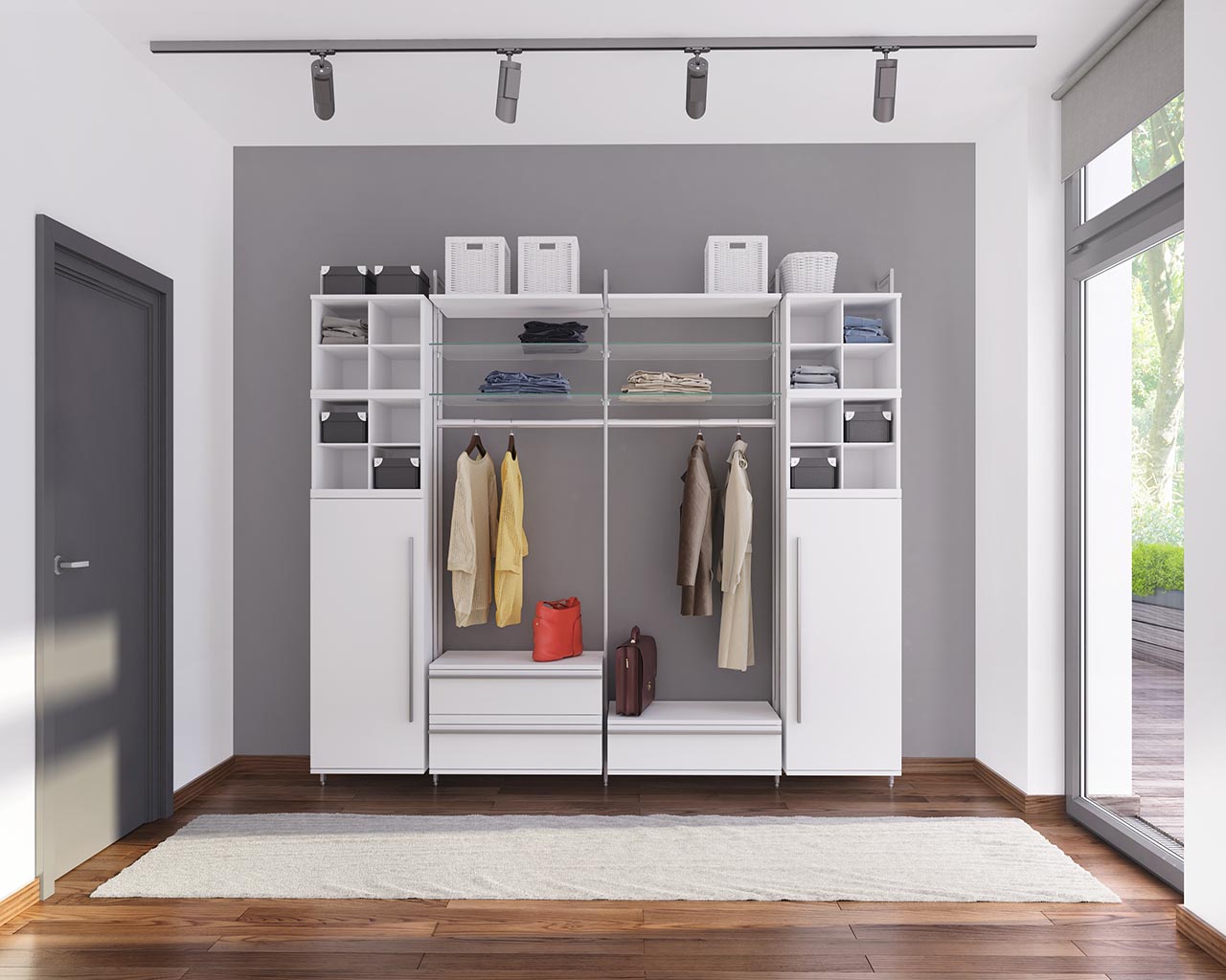 Moderne Garderobe LAURA von FRANK Schranksysteme mit Hochschränken, offenen Regalfächern, 3 Schubladen und Kleiderstangen
