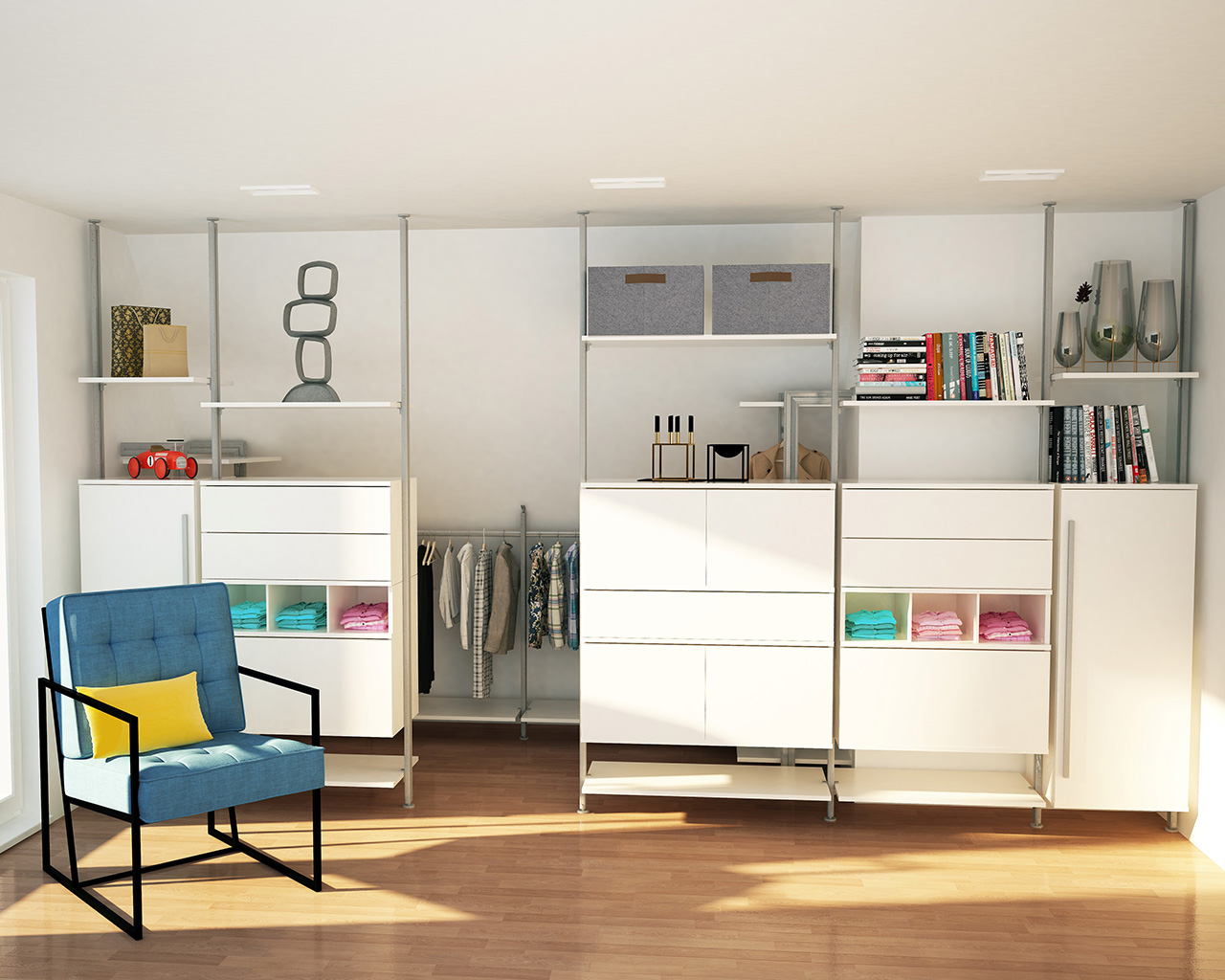 Schranksystem LISSABON von FRANK Schranksysteme als funktionaler Raumteiler mit geschlossenen Schrankelementen im Vordergrund und offenem Regal unter der Dachschräge dahinterSchranksystem LISSABON von FRANK Schranksysteme als funktionaler Raumteiler mit g