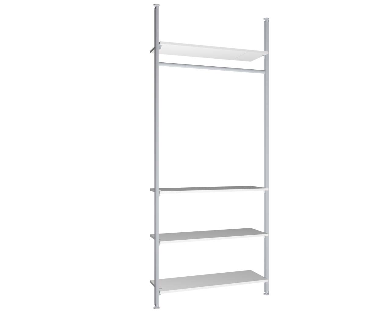 Regalsystem Modul 3 mit 2 Alu-Profilen, 4 Böden und 1 Kleiderstange zur Montage zwischen Boden und Decke | BxHxT: 107,5 x 295 x 36 cm