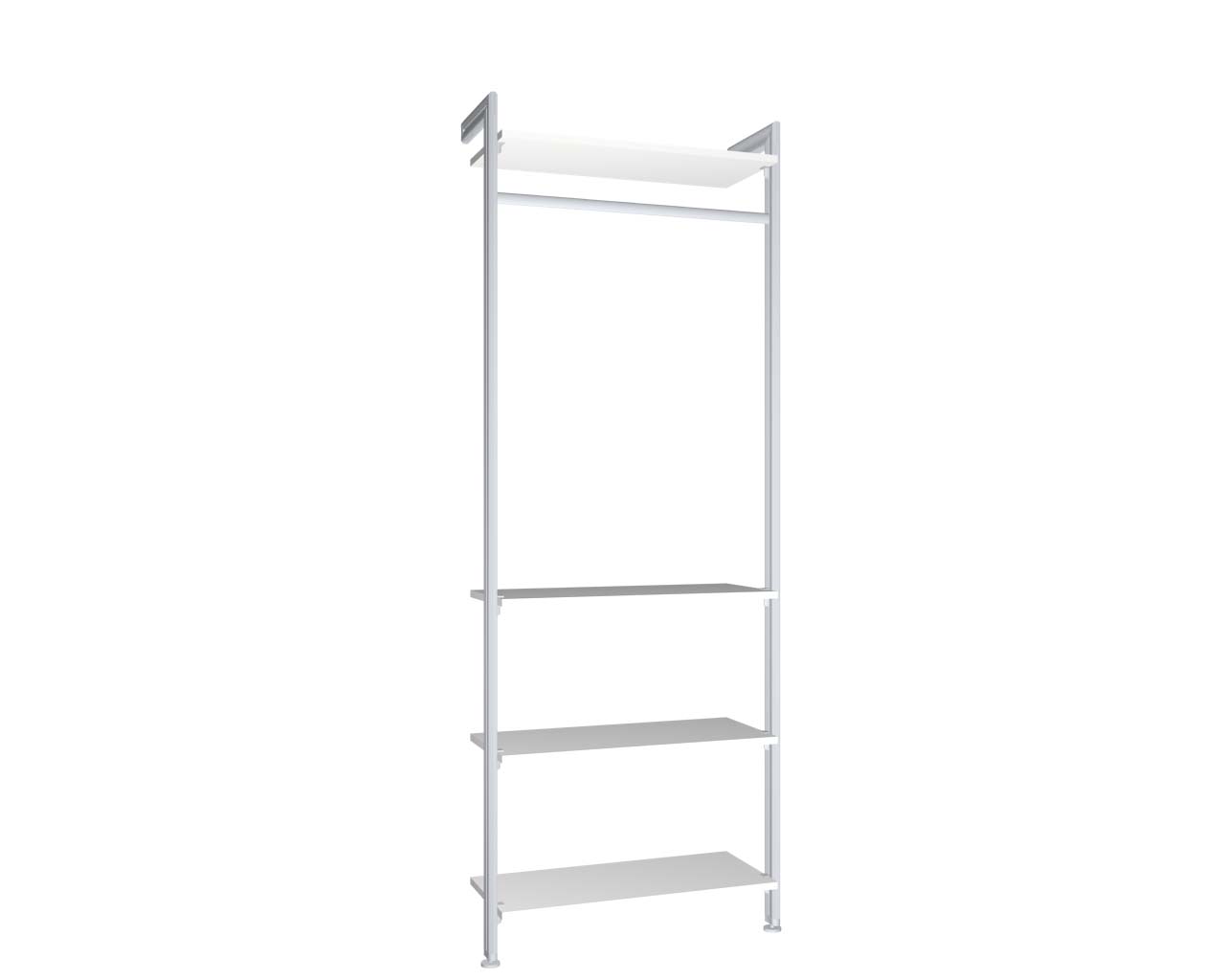 Regalsystem Modul 3 mit 2 Alu-Profilen, 4 Böden und 1 Kleiderstange zur Montage an der Wand | BxHxT: 87,5 x 229 x 36 cm