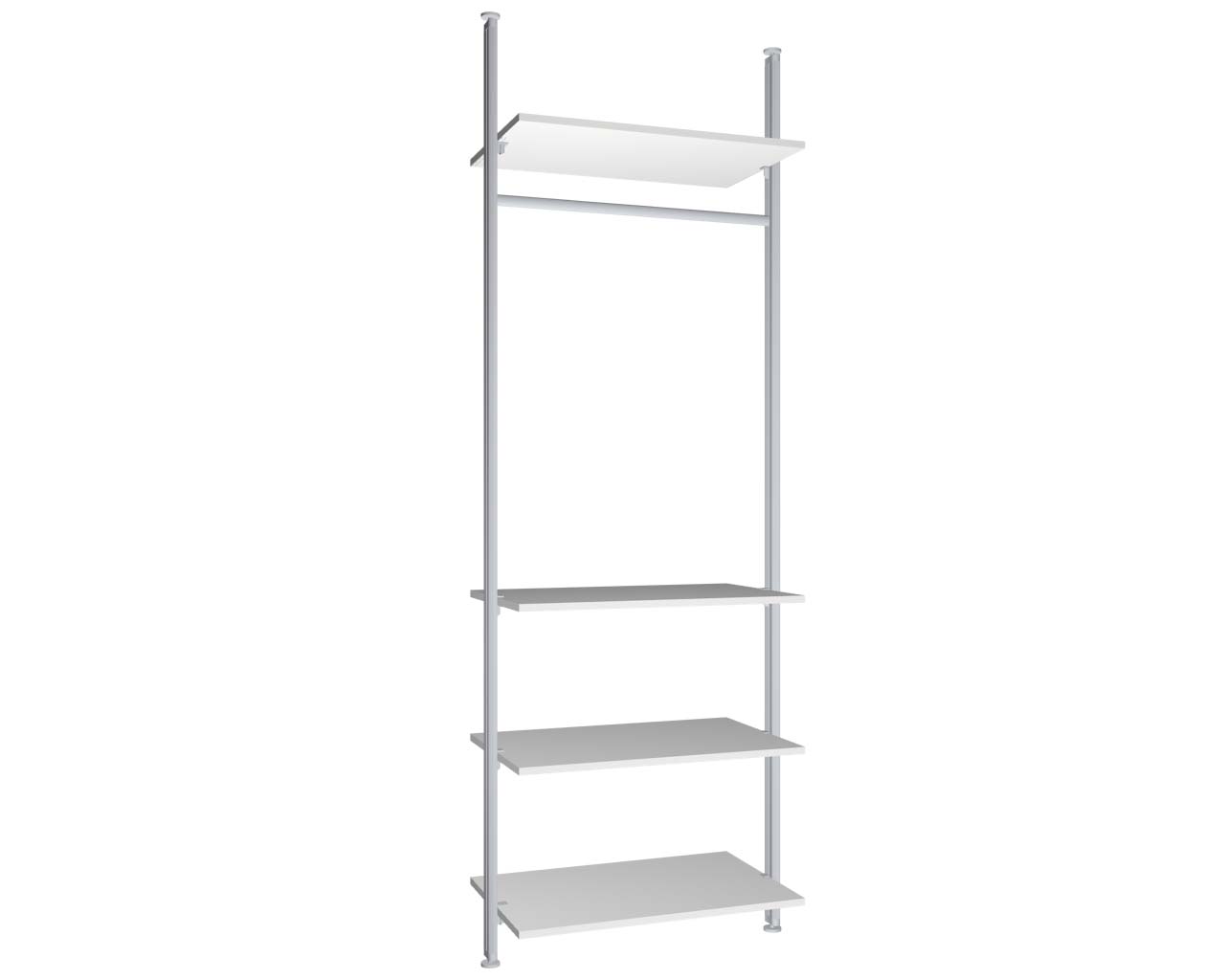 Regalsystem Modul 3 mit 2 Alu-Profilen, 4 Böden und 1 Kleiderstange zur Montage zwischen Boden und Decke | BxHxT: 87,5 x 295 x 50 cm