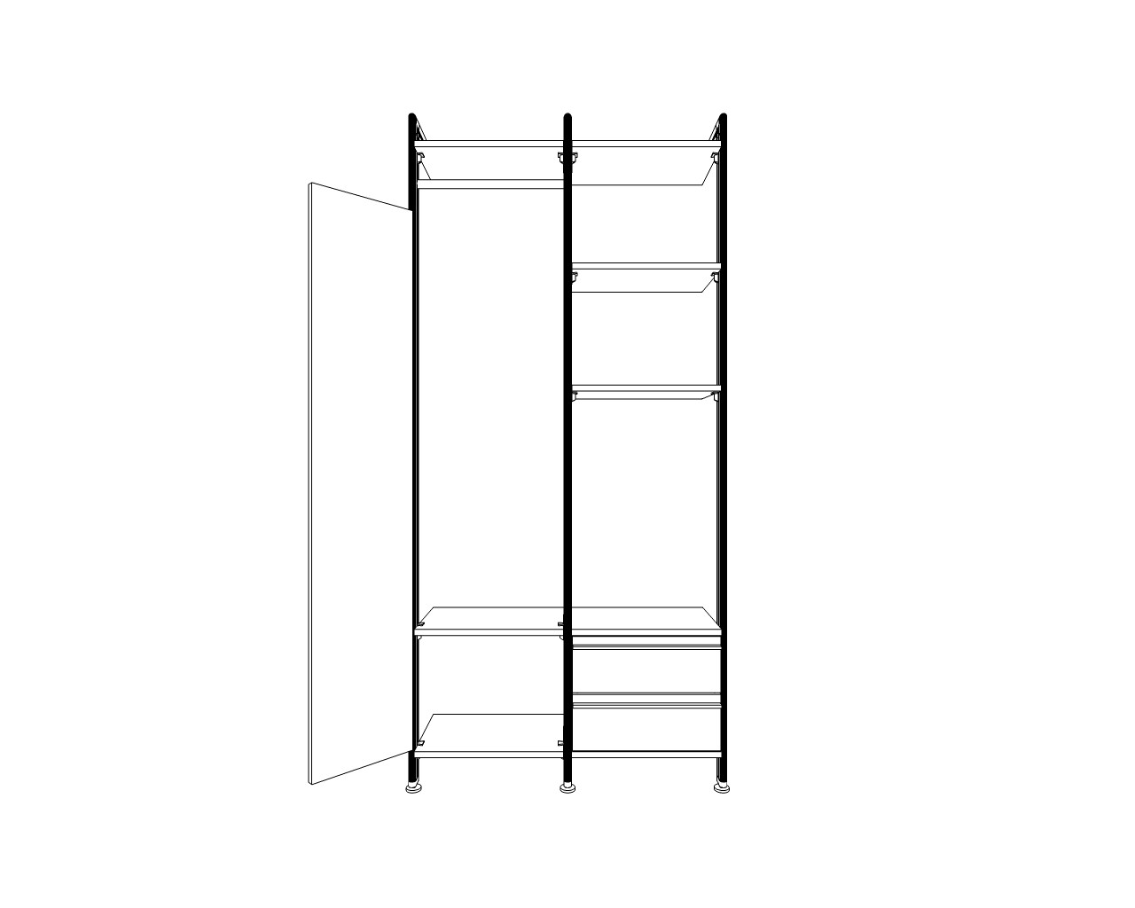 Technische Zeichnung Garderobe DALIA mit schwenkbarem Spiegel von FRANK Schranksysteme.