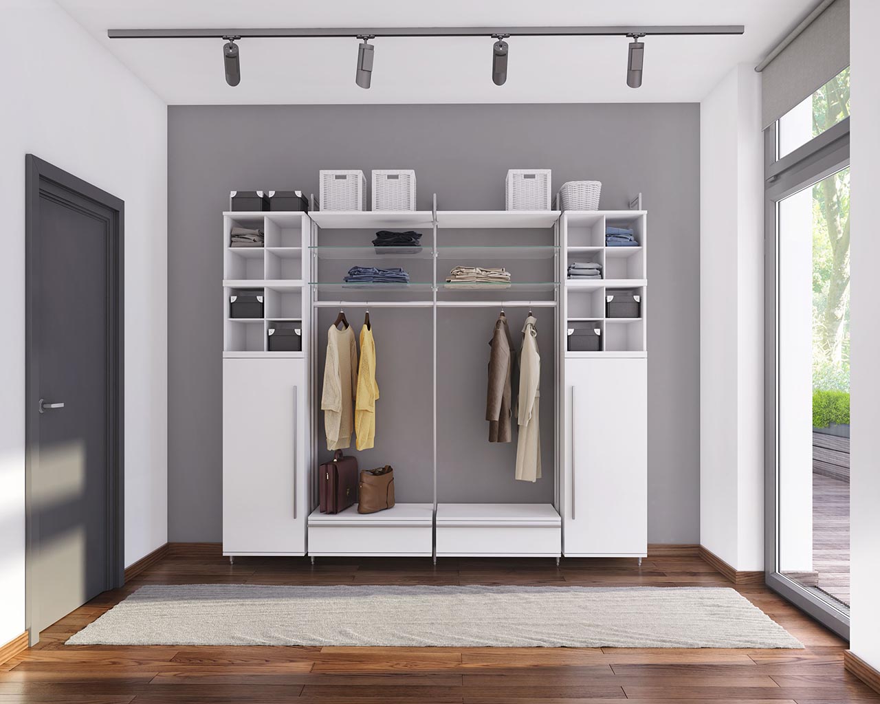 Moderne Garderobe LARA von FRANK Schranksysteme mit Hochschränken, offenen Regalfächern, Schubladen und Kleiderstangen für Flur und Diele