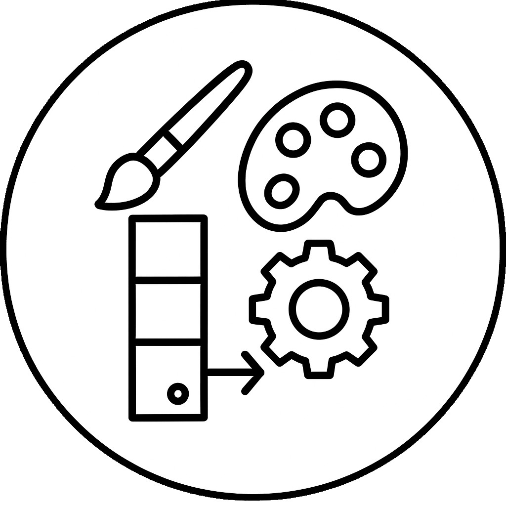 Farbpalette, Pinsel und Zahnrad als Symbol für Design- und Ausstattungswahl