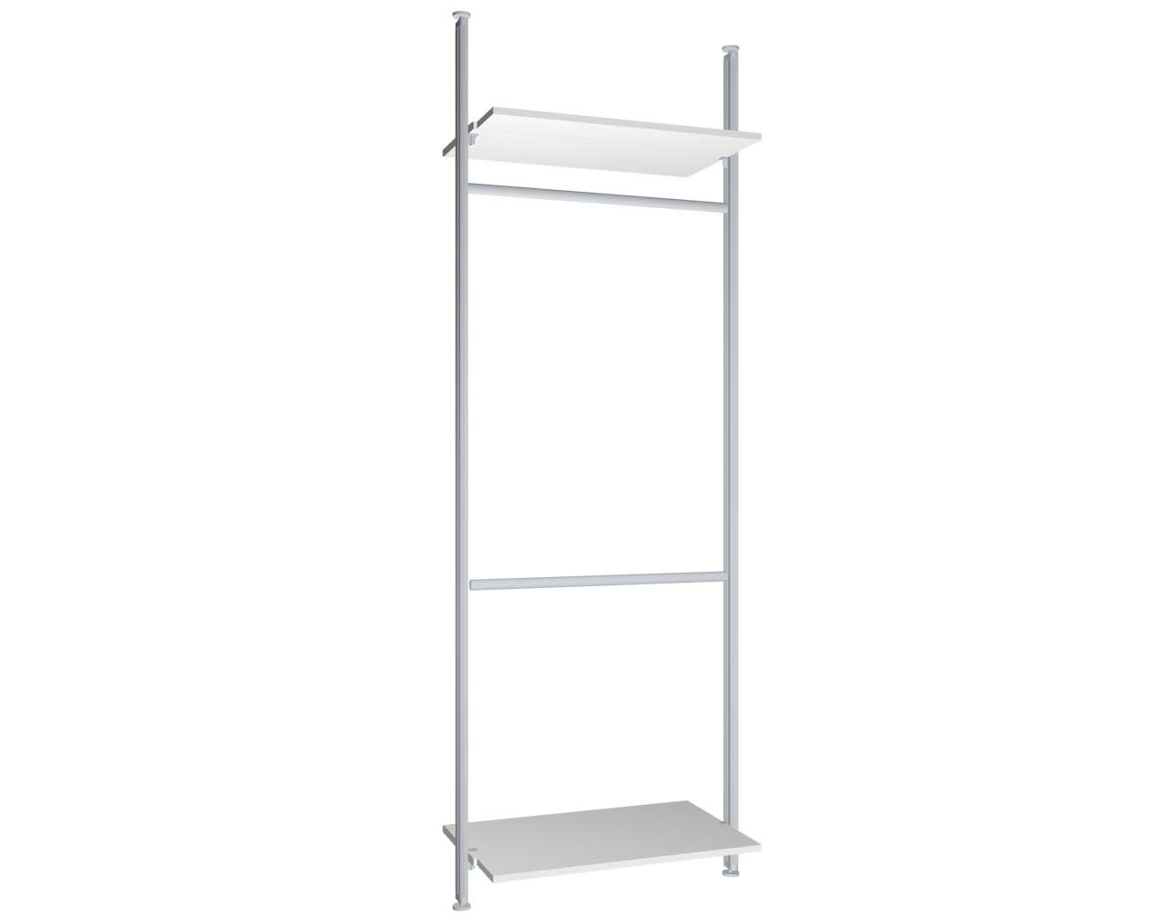 Regalsystem Modul 2 mit 2 Alu-Profilen, 2 Böden und 2 Kleiderstangen zur Montage zwischen Boden und Decke | BxHxT: 87,5 x 295 x 50 cm