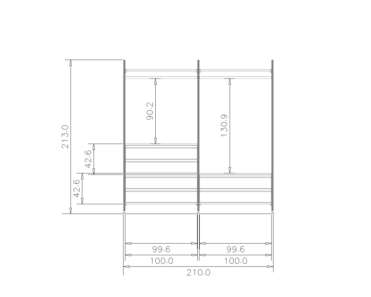 Offener Kleiderschrank STAR Breite 210 cm | 6 Schubladen, Holzböden (ohne LED)