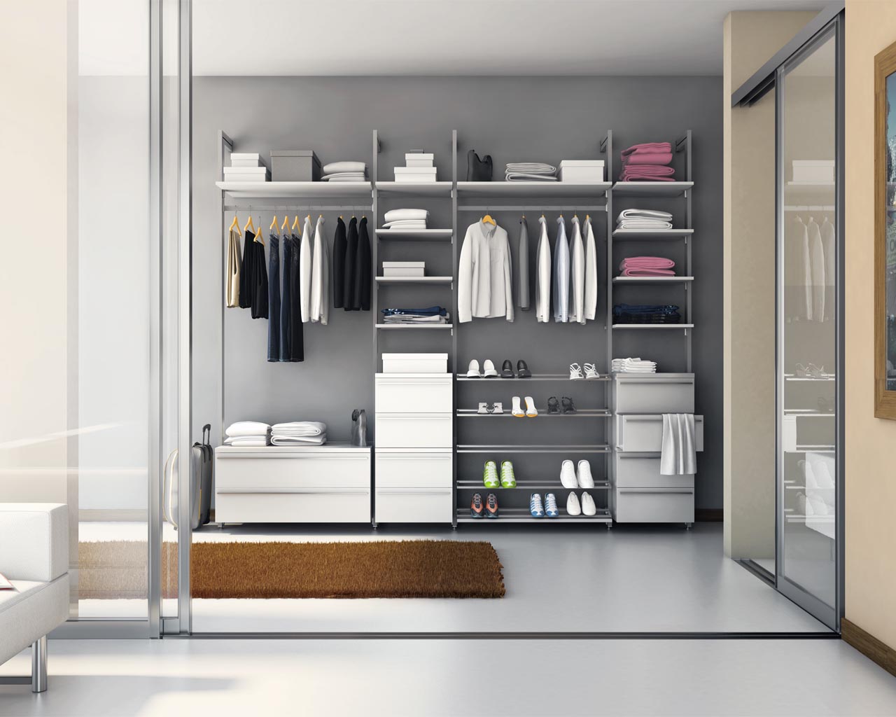 Begehbares Schranksystem ACAPULCO im Ankleidezimmer mit Holzböden, Schubladen und wahlweise mit LED-Beleuchtung