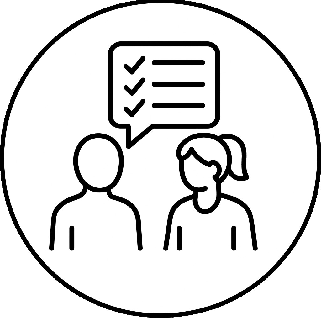 Zwei Personen im Gespräch mit Checkliste zur Schiebetür-Planung