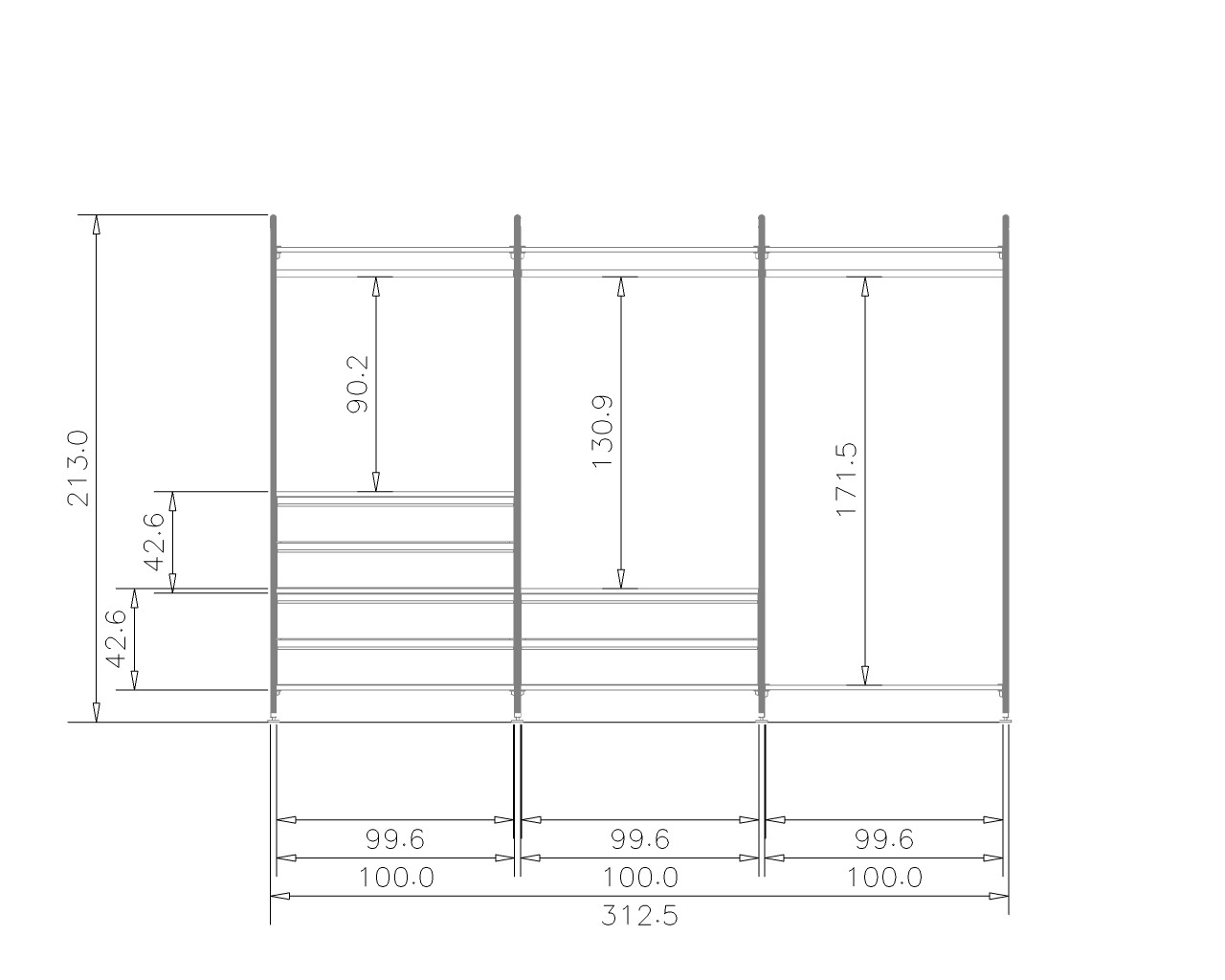Offener Kleiderschrank STAR Breite 335 cm | 6 Schubladen, Holzböden (ohne LED)