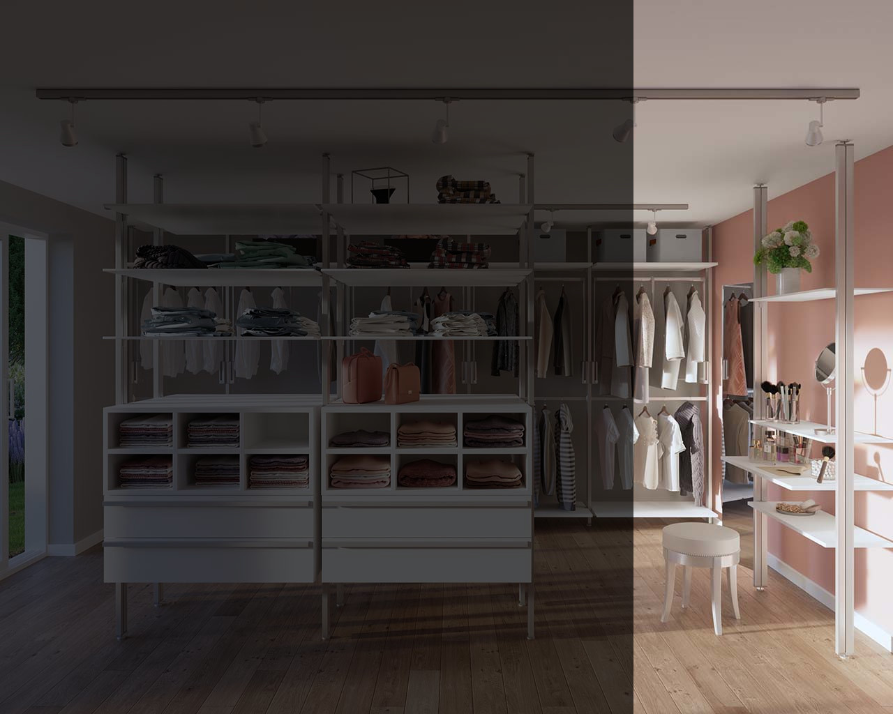 Begehbarer Kleiderschrank ATHEN SOFT mit Raumteiler (4 Module)